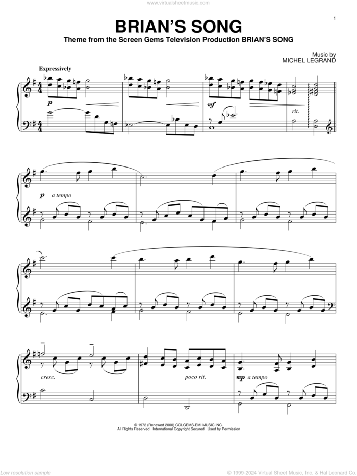 Brian's Song sheet music for piano solo by Michel LeGrand, intermediate skill level