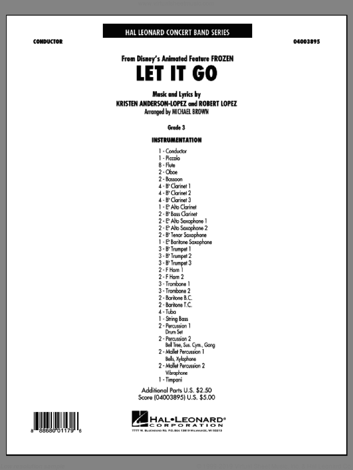 Let It Go (from Frozen) (COMPLETE) sheet music for concert band by Michael Brown, Idina Menzel, Kristen Anderson-Lopez and Robert Lopez, intermediate skill level