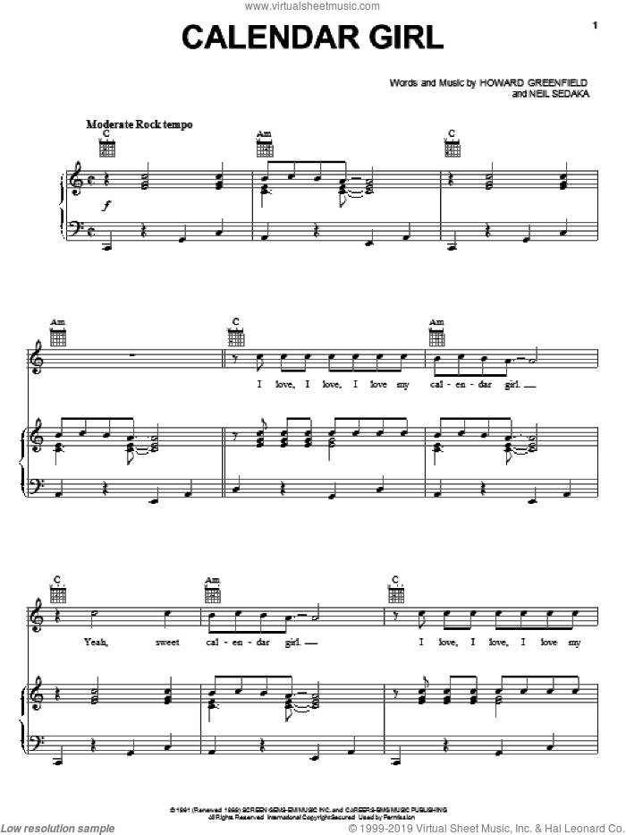 Calendar Girl sheet music for voice, piano or guitar by Neil Sedaka and Howard Greenfield, intermediate skill level