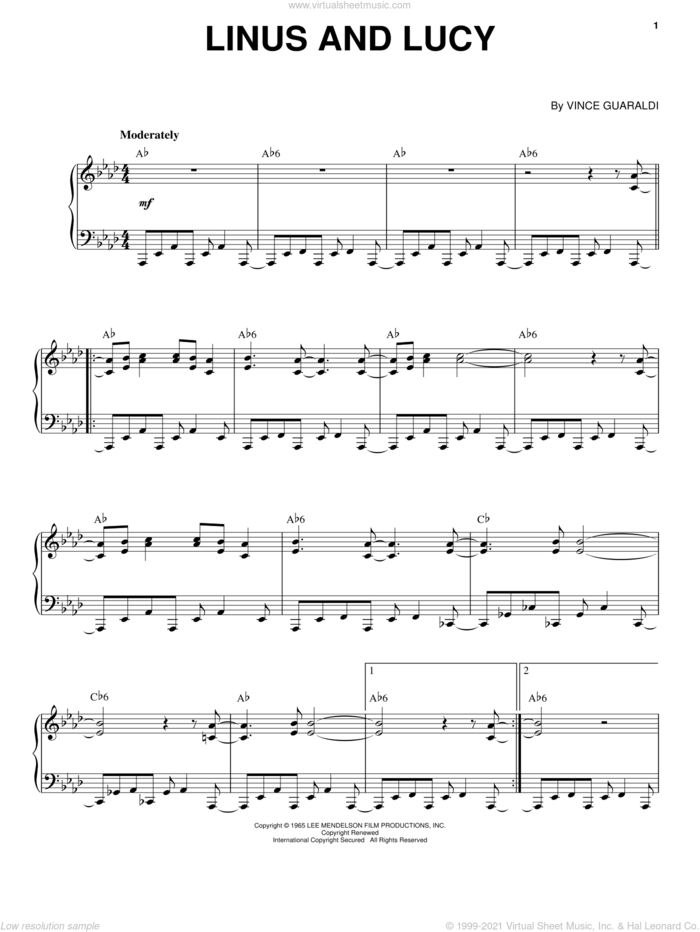 Linus And Lucy sheet music for piano solo by Vince Guaraldi, intermediate skill level