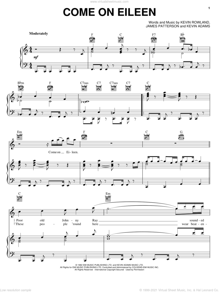 Come On Eileen sheet music for voice, piano or guitar by Dexy's Midnight Runners, James Patterson, Kevin Adams and Kevin Rowland, intermediate skill level