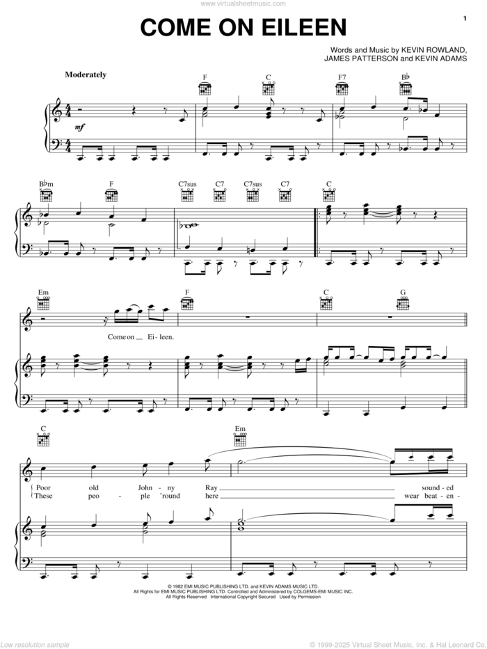 Come On Eileen sheet music for voice, piano or guitar by Dexy's Midnight Runners, James Patterson, Kevin Adams and Kevin Rowland, intermediate skill level