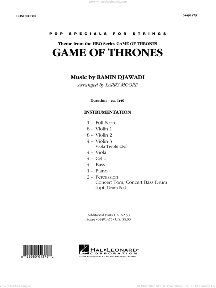 Game of Thrones (arr. Larry Moore) sheet music for orchestra (full score) by Ramin Djawadi, Game Of Thrones (TV Series) and Larry Moore, intermediate skill level