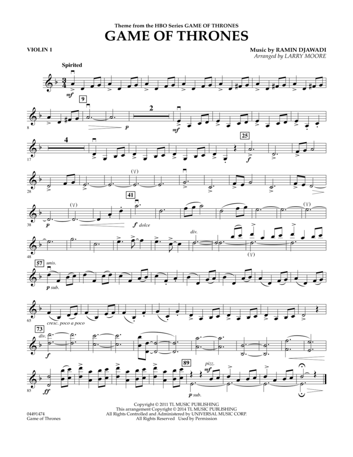 Game of Thrones (arr. Larry Moore) sheet music for orchestra (violin 1) by Ramin Djawadi, Game Of Thrones (TV Series) and Larry Moore, intermediate skill level