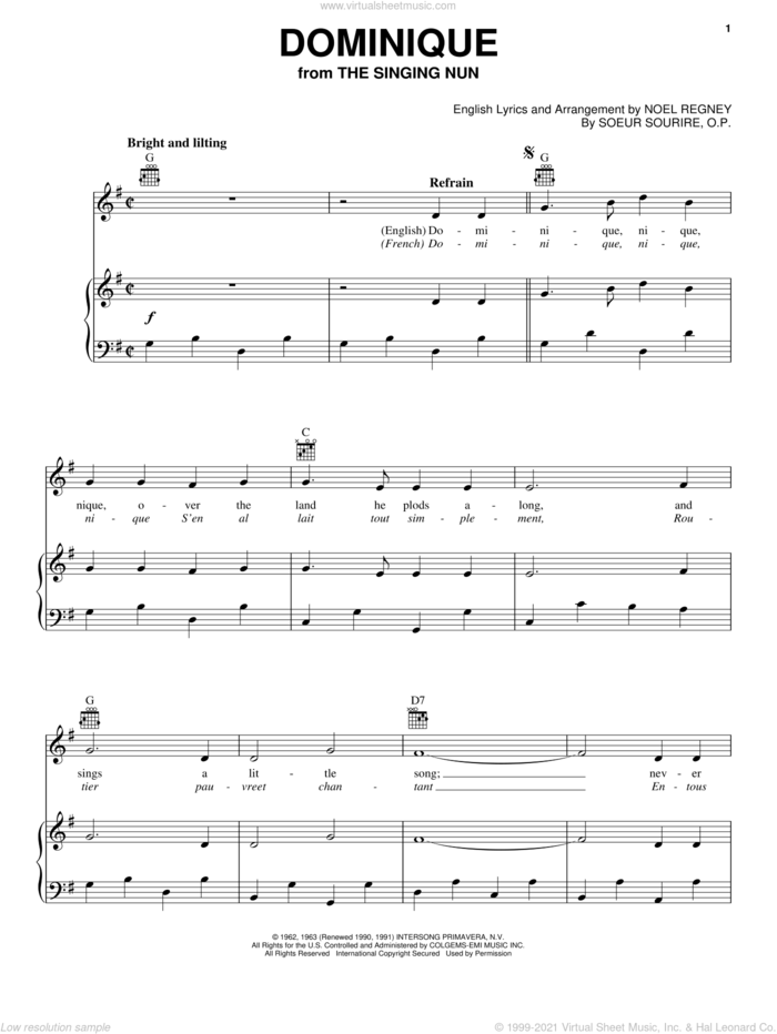 Dominique sheet music for voice, piano or guitar by The Singing Nun, Noel Regney and Soeur Sourire, O.P., intermediate skill level