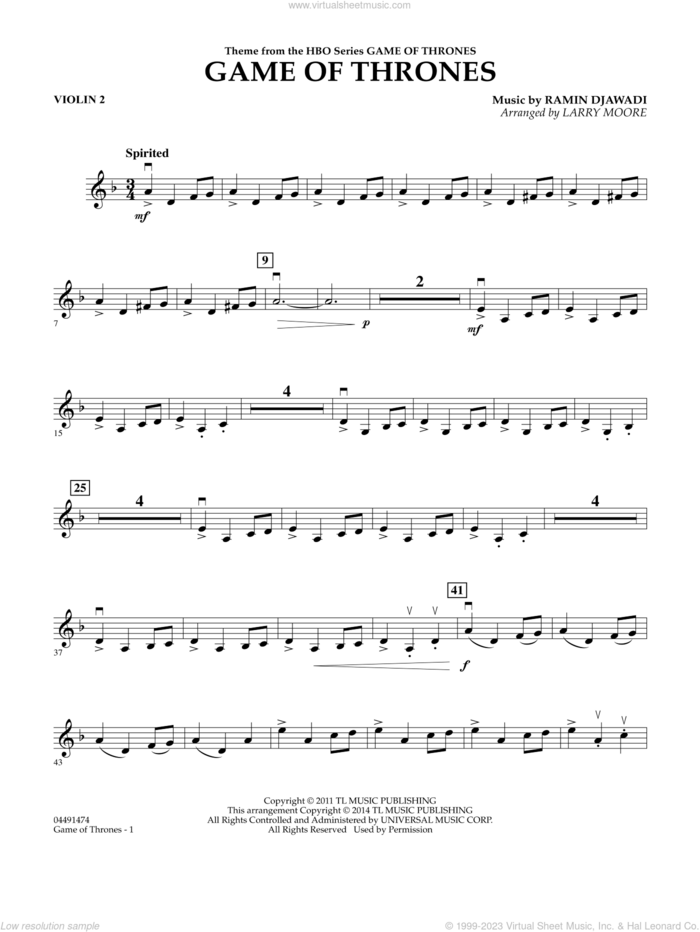 Game of Thrones (arr. Larry Moore) sheet music for orchestra (violin 2) by Ramin Djawadi, Game Of Thrones (TV Series) and Larry Moore, intermediate skill level
