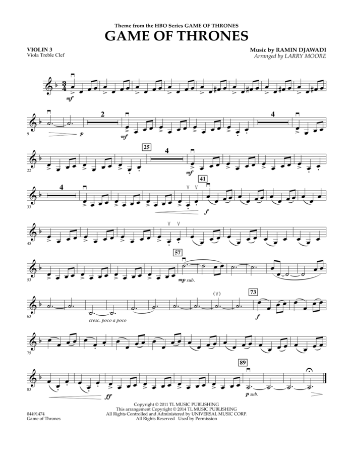 Game of Thrones (arr. Larry Moore) sheet music for orchestra (violin 3, viola treble clef) by Ramin Djawadi, Game Of Thrones (TV Series) and Larry Moore, intermediate skill level