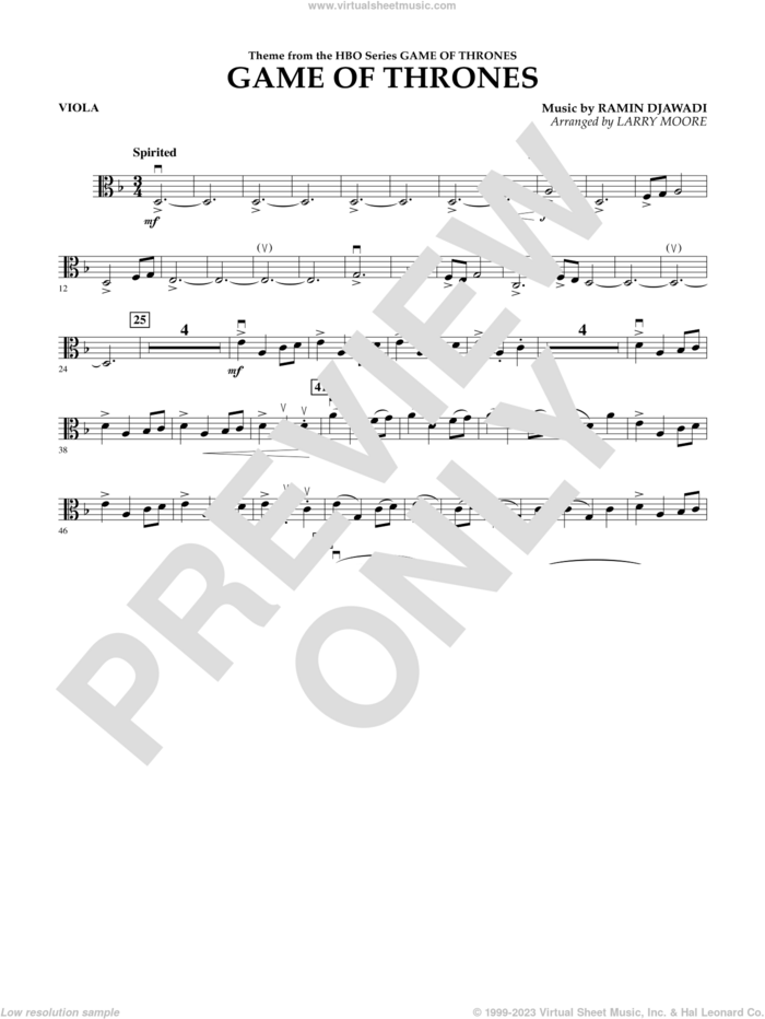 Game of Thrones (arr. Larry Moore) sheet music for orchestra (viola) by Ramin Djawadi, Game Of Thrones (TV Series) and Larry Moore, intermediate skill level