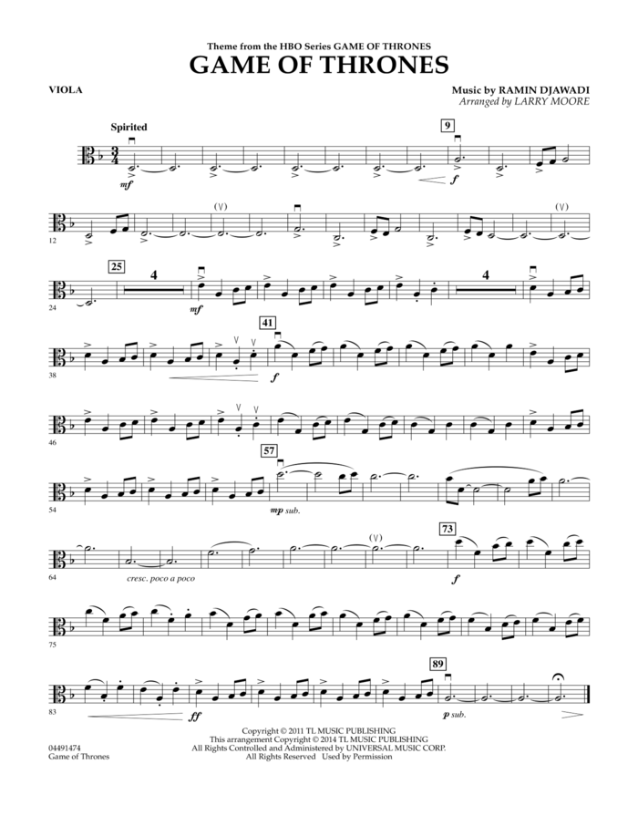 Game of Thrones (arr. Larry Moore) sheet music for orchestra (viola) by Ramin Djawadi, Game Of Thrones (TV Series) and Larry Moore, intermediate skill level