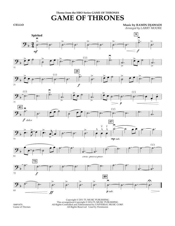 Game of Thrones (arr. Larry Moore) sheet music for orchestra (cello) by Ramin Djawadi, Game Of Thrones (TV Series) and Larry Moore, intermediate skill level