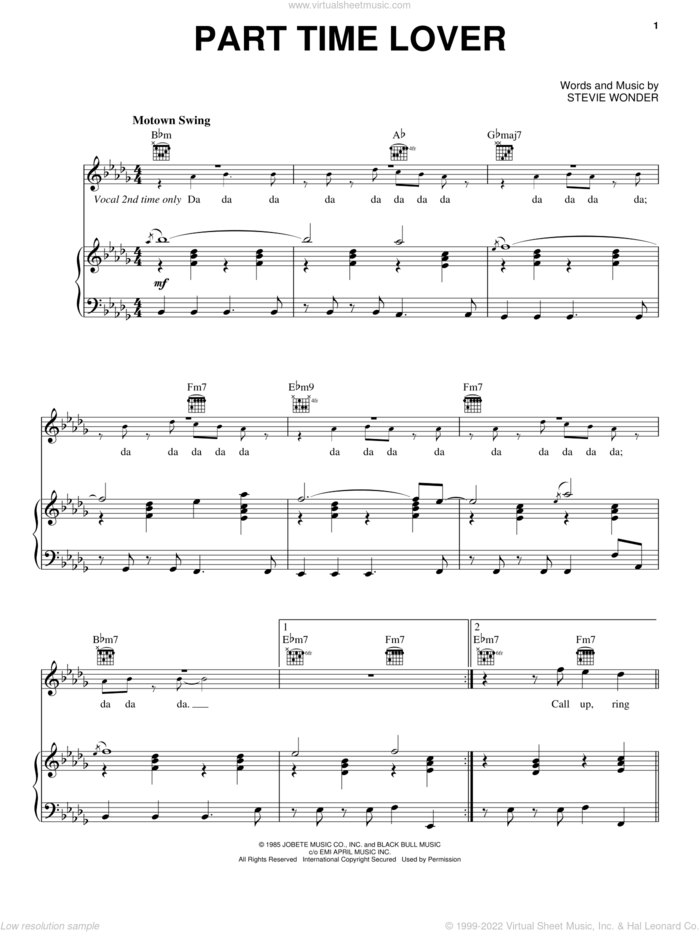 Part Time Lover sheet music for voice, piano or guitar by Stevie Wonder, intermediate skill level