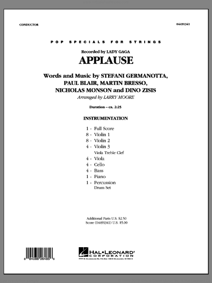 Applause (COMPLETE) sheet music for orchestra by Lady Gaga, Dino Zisis, Julien Arias, Larry Moore, Martin Bresso, Nicholas Mercier, Nicholas Monson, Paul Blair and William Grigahcine, intermediate skill level