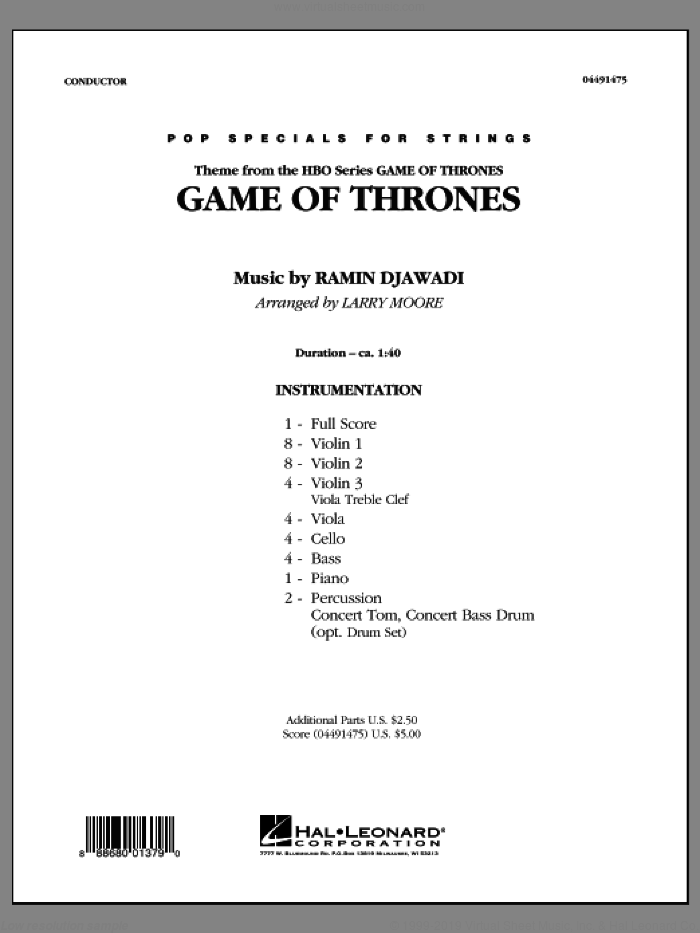 Game of Thrones - Main Title (arr. Larry Moore) (COMPLETE) sheet music for orchestra by Ramin Djawadi, Game Of Thrones (TV Series) and Larry Moore, intermediate skill level