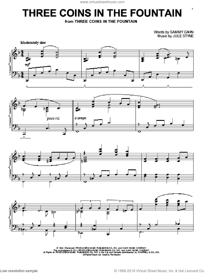 Three Coins In The Fountain sheet music for piano solo by The Four Aces, Jule Styne and Sammy Cahn, intermediate skill level