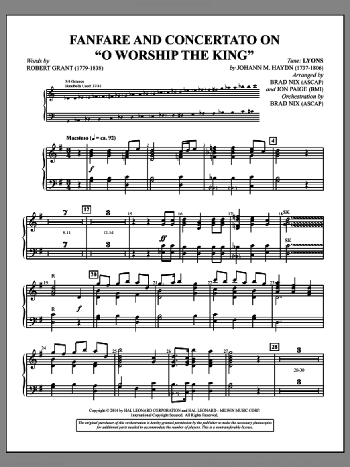 Fanfare and Concertato on 'O Worship the King' sheet music for orchestra/band (handbells) by Brad Nix, Johann Haydn, Johann Michael Haydn, Jon Paige and Robert Grant, intermediate skill level