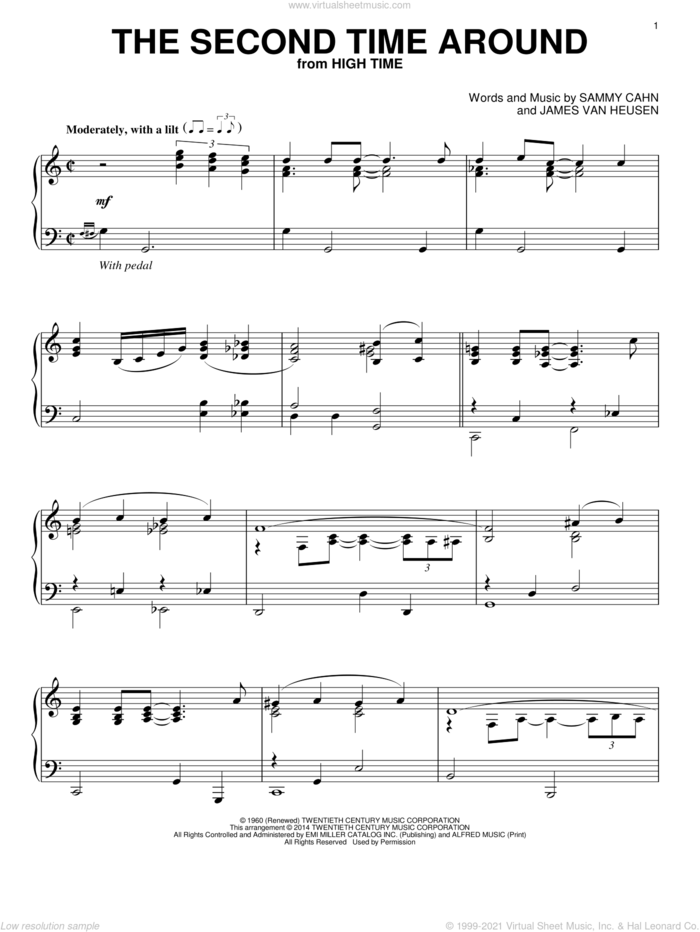 The Second Time Around sheet music for piano solo by Sammy Cahn and Jimmy van Heusen, intermediate skill level