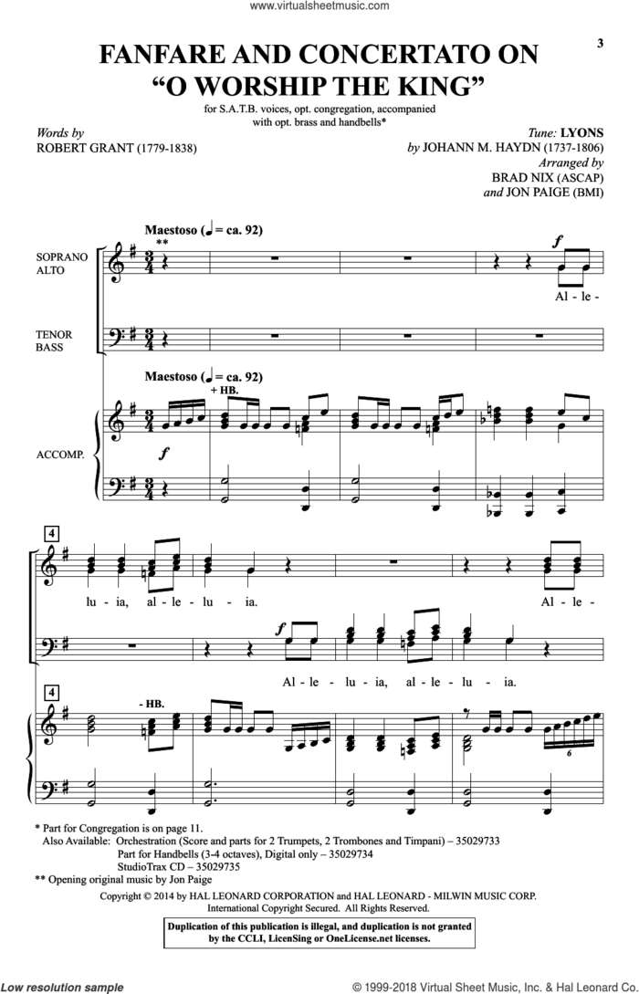 Fanfare And Concertato On 'O Worship The King' sheet music for choir (SATB: soprano, alto, tenor, bass) by Brad Nix, Johann Haydn, Johann Michael Haydn, Jon Paige and Robert Grant, intermediate skill level