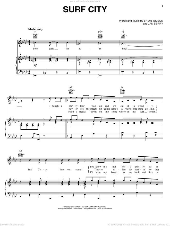 Surf City sheet music for voice, piano or guitar by Jan & Dean, Brian Wilson and Jan Berry, intermediate skill level