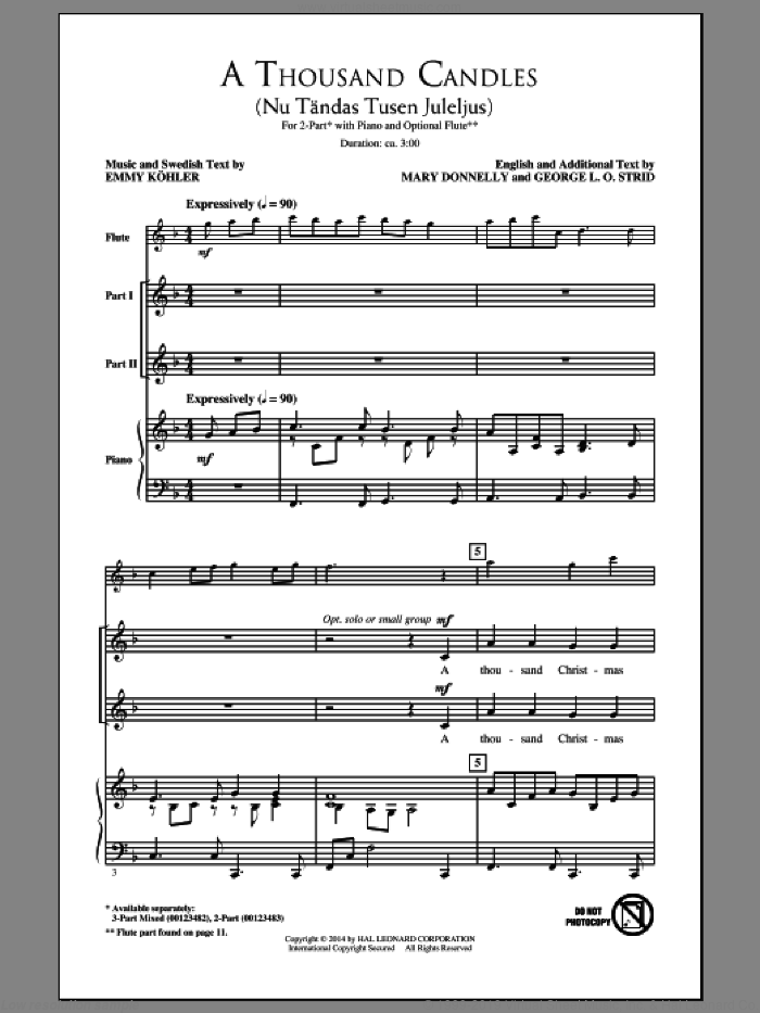A Thousand Candles (Nu Tandas Tusen Juleljus) sheet music for choir (2-Part) by Mary Donnelly, Emmy Kohler and George L.O. Strid, intermediate duet