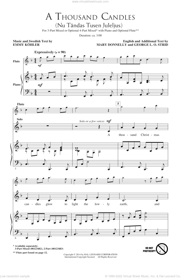 A Thousand Candles (Nu Tandas Tusen Juleljus) sheet music for choir (3-Part Mixed) by Mary Donnelly, Emmy Kohler and George L.O. Strid, intermediate skill level
