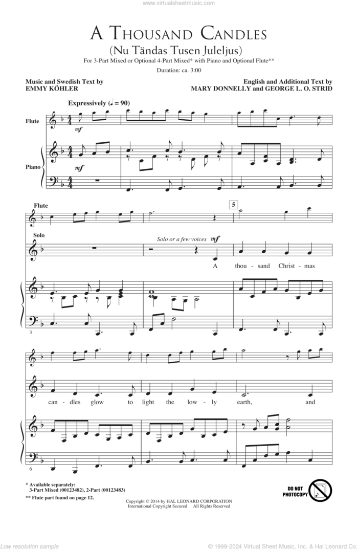 A Thousand Candles (Nu Tandas Tusen Juleljus) sheet music for choir (3-Part Mixed) by Mary Donnelly, Emmy Kohler and George L.O. Strid, intermediate skill level