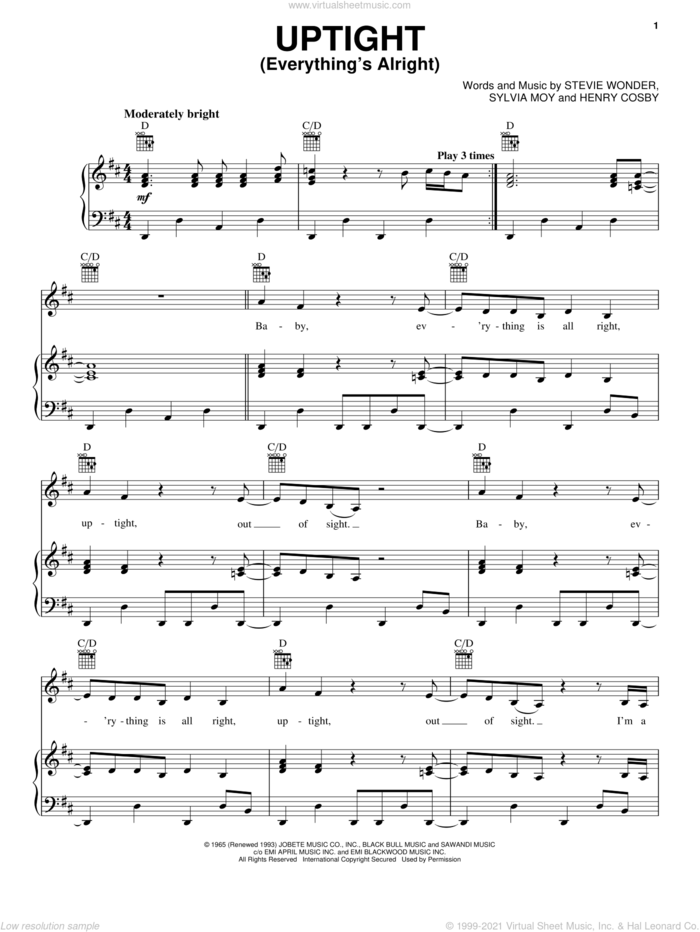 Uptight (Everything's Alright) sheet music for voice, piano or guitar by Stevie Wonder, Henry Cosby and Sylvia Moy, intermediate skill level