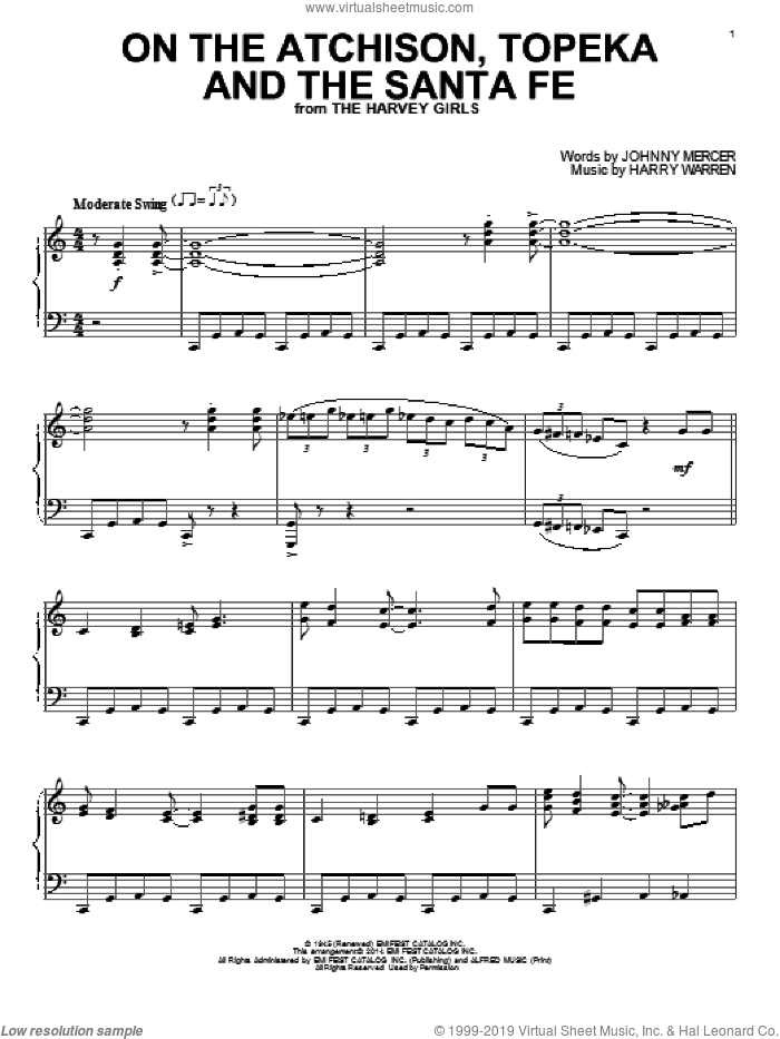 On The Atchison, Topeka And The Santa Fe, (intermediate) sheet music for piano solo by Harry Warren and Johnny Mercer, intermediate skill level