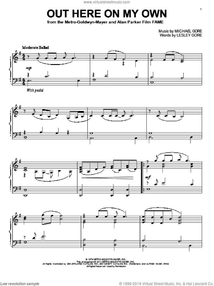 Out Here On My Own sheet music for piano solo by Lesley Gore and Michael Gore, intermediate skill level