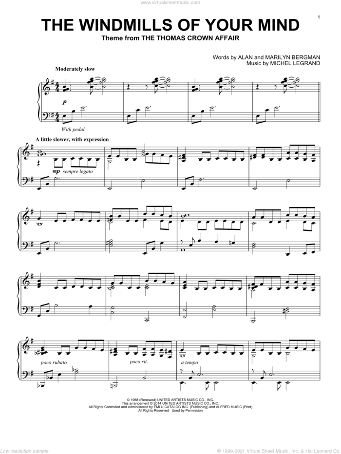 The Windmills Of Your Mind sheet music for piano solo by Dusty Springfield, Alan Bergman, Marilyn Bergman and Michel LeGrand, intermediate skill level