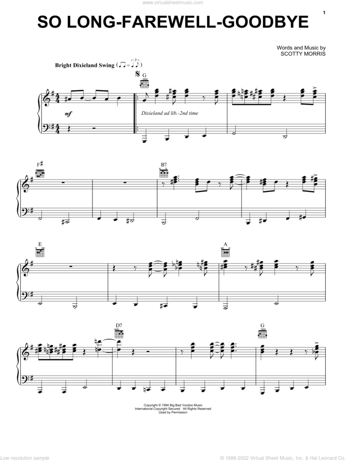 So Long-Farewell-Goodbye sheet music for voice, piano or guitar by Big Bad Voodoo Daddy and Scotty Morris, intermediate skill level