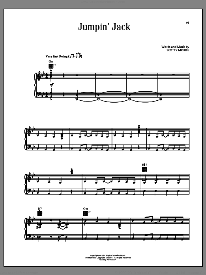 Jumpin' Jack sheet music for voice, piano or guitar by Big Bad Voodoo Daddy and Scotty Morris, intermediate skill level