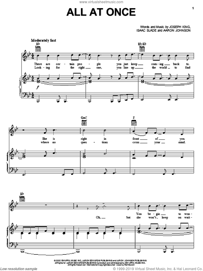 All At Once sheet music for voice, piano or guitar by The Fray, Aaron Johnson, Isaac Slade and Joseph King, intermediate skill level