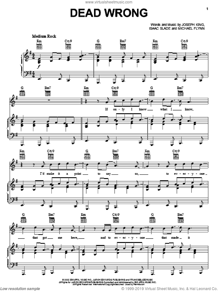 Dead Wrong sheet music for voice, piano or guitar by The Fray, Isaac Slade, Joseph King and Michael Flynn, intermediate skill level
