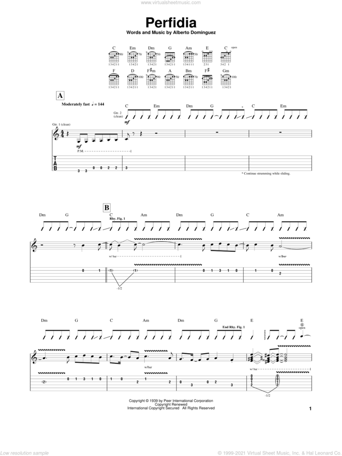 Perfidia sheet music for guitar (tablature) by Alberto Dominguez, intermediate skill level