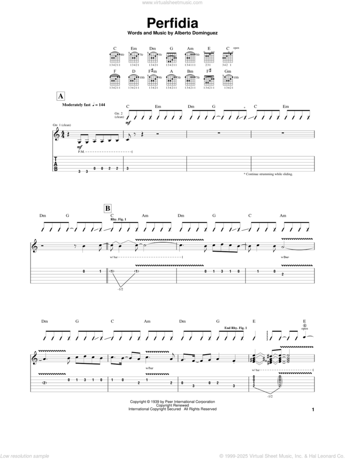 Perfidia sheet music for guitar (tablature) by Alberto Dominguez, intermediate skill level