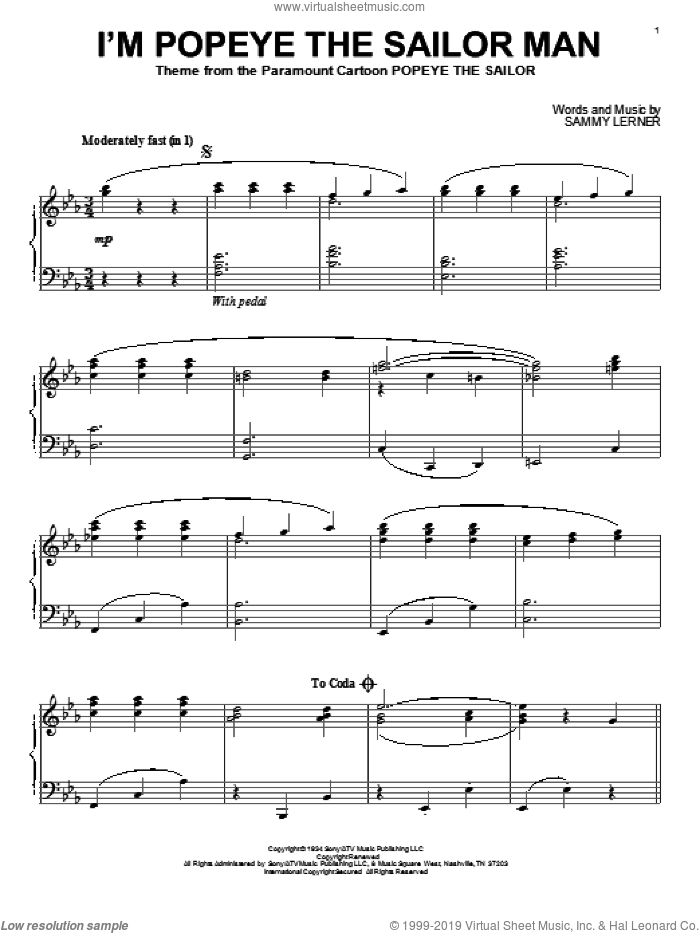 I'm Popeye The Sailor Man sheet music for piano solo by Sammy Lerner, intermediate skill level