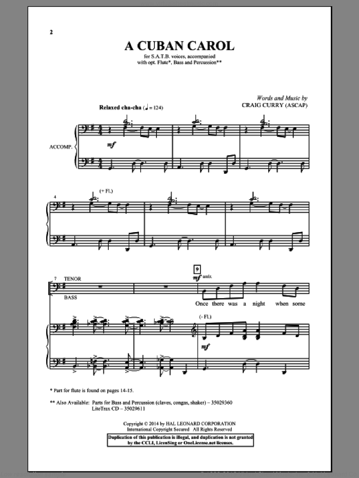 A Cuban Carol sheet music for choir (SATB: soprano, alto, tenor, bass) by Craig Curry, intermediate skill level