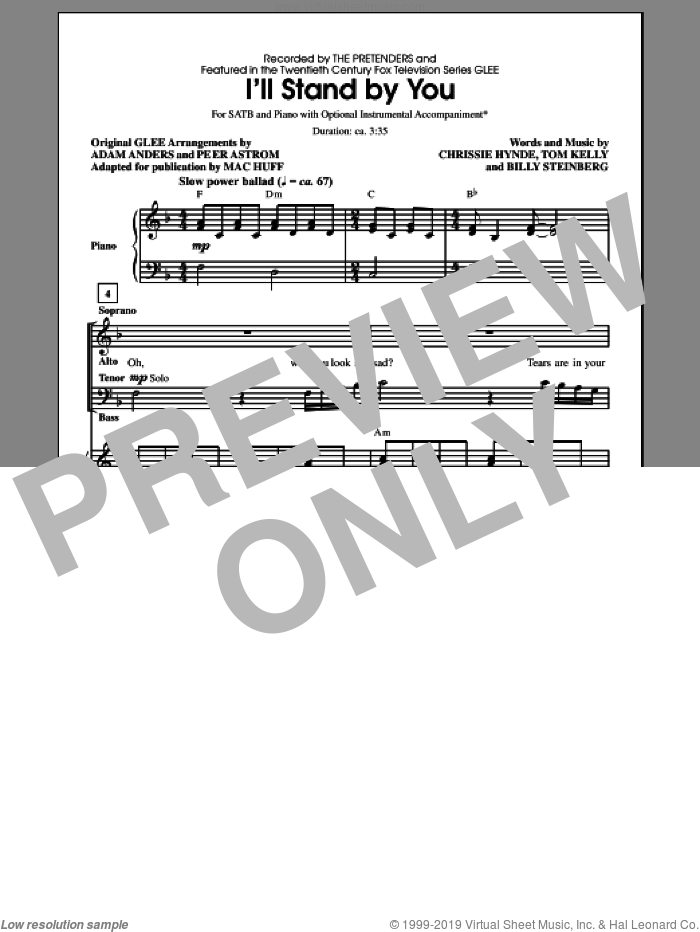 I'll Stand By You sheet music for choir (SATB: soprano, alto, tenor, bass) by Mac Huff, Carrie Underwood, Glee Cast, Pretenders, The Pretenders, Billy Steinberg, Chrissie Hynde and Tom Kelly, wedding score, intermediate skill level