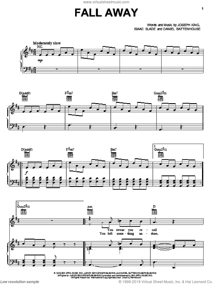 Fall Away sheet music for voice, piano or guitar by The Fray, Daniel Battenhouse, Isaac Slade and Joseph King, intermediate skill level