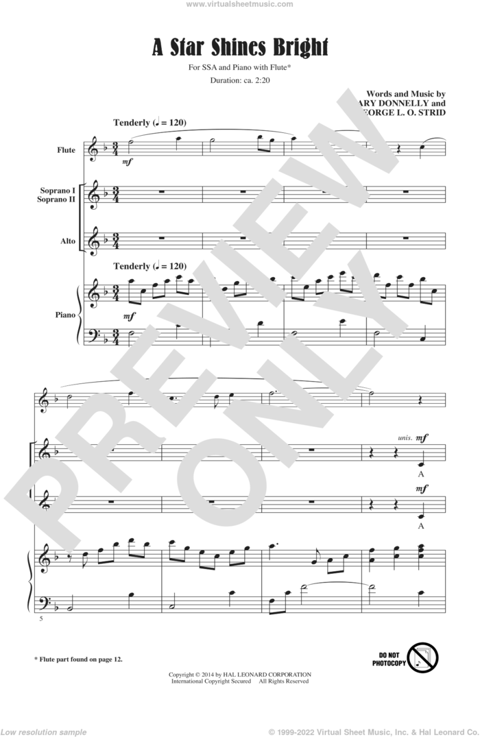 A Star Shines Bright sheet music for choir (SSA: soprano, alto) by Mary Donnelly, George L.O. Strid and George Strid, intermediate skill level