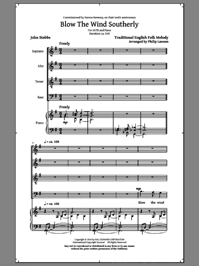 Blow The Wind Southerly sheet music for choir (SATB: soprano, alto, tenor, bass) by Philip Lawson and John Stobbs, classical score, intermediate skill level