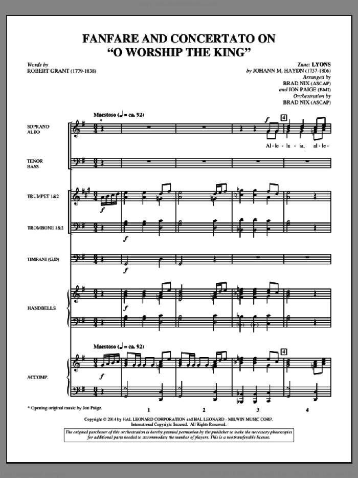 Fanfare and Concertato on 'O Worship the King' (COMPLETE) sheet music for orchestra/band by Brad Nix, Johann Haydn, Johann Michael Haydn, Jon Paige and Robert Grant, intermediate skill level