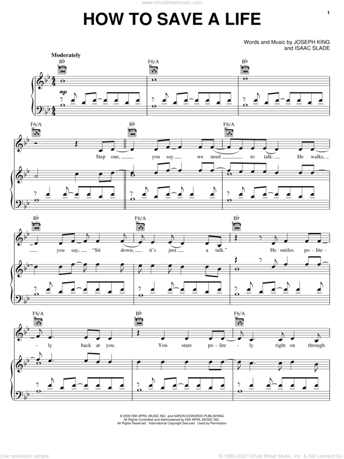 How To Save A Life sheet music for voice, piano or guitar by The Fray, Isaac Slade and Joseph King, intermediate skill level