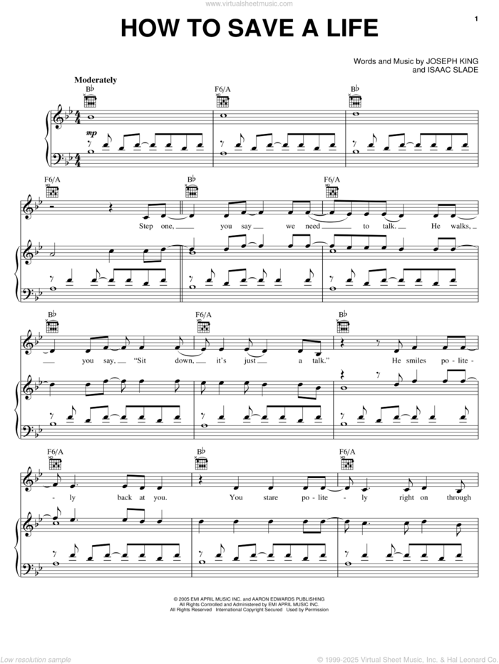 How To Save A Life sheet music for voice, piano or guitar by The Fray, Isaac Slade and Joseph King, intermediate skill level