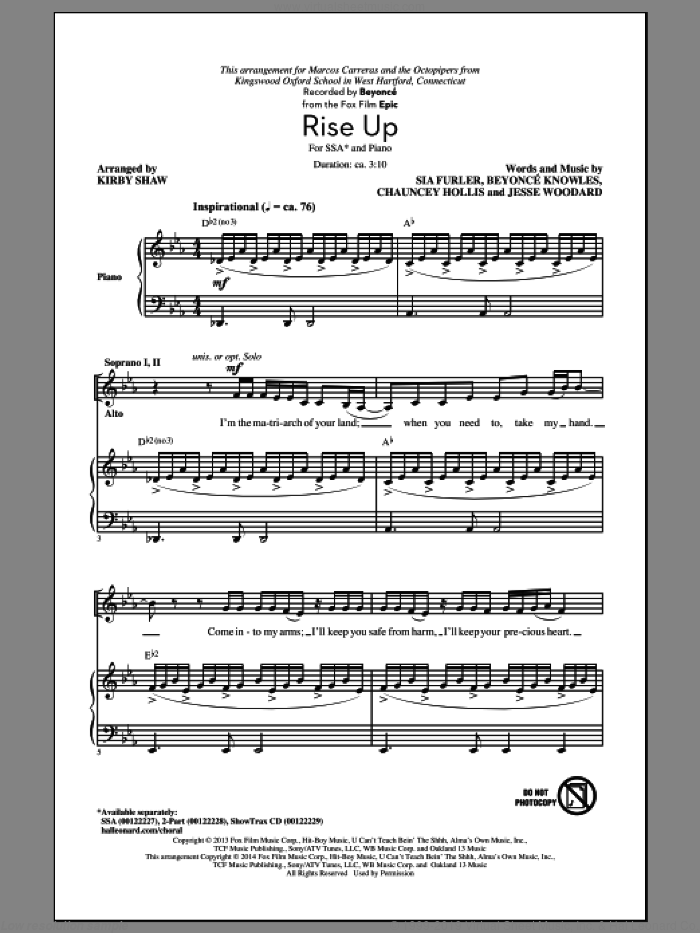 Rise Up sheet music for choir (SSA: soprano, alto) by Kirby Shaw, Beyonce, Chauncey Hollis, Jesse Woodard and Sia Furler, intermediate skill level