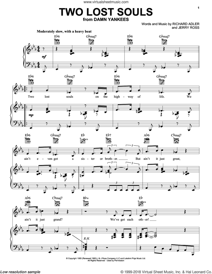 Two Lost Souls sheet music for voice, piano or guitar by Richard Adler and Jerry Ross, intermediate skill level