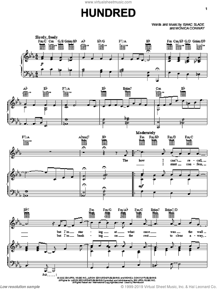 Hundred sheet music for voice, piano or guitar by The Fray, Isaac Slade and Monica Conway, intermediate skill level
