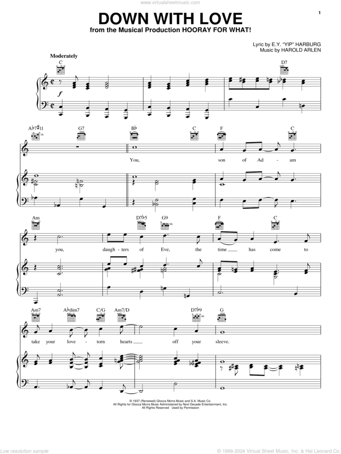 Down With Love sheet music for voice, piano or guitar by Harold Arlen and E.Y. Harburg, intermediate skill level