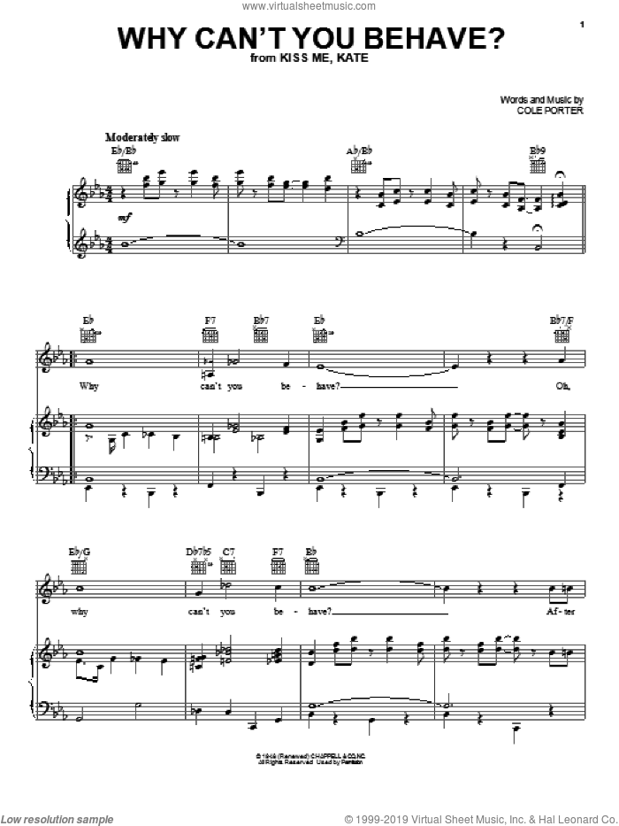 Why Can't You Behave? (from Kiss Me, Kate) sheet music for voice, piano or guitar by Cole Porter, intermediate skill level