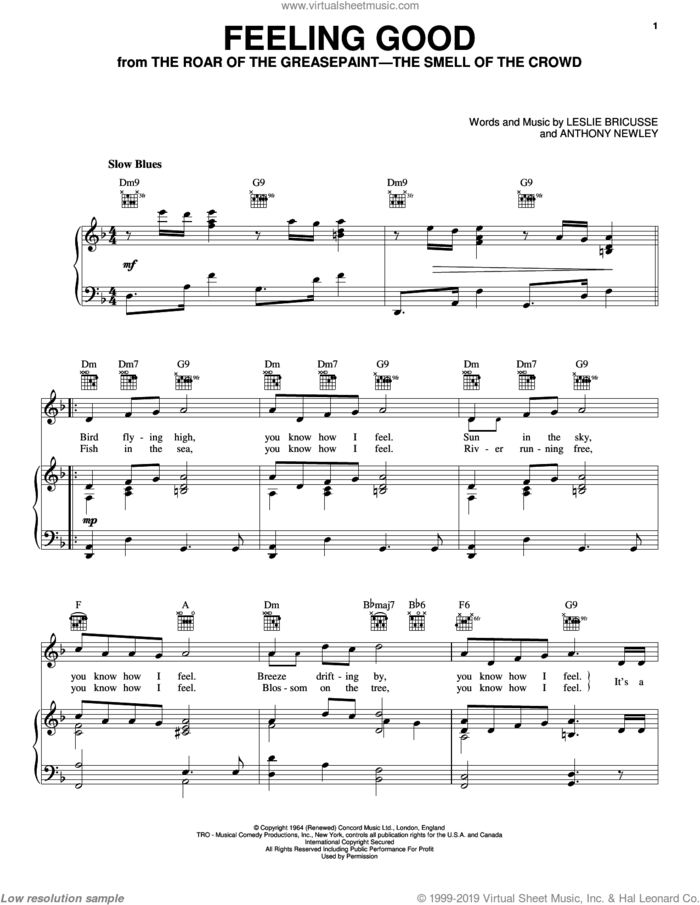 Feeling Good sheet music for voice, piano or guitar by Michael Buble, Anthony Newley and Leslie Bricusse, intermediate skill level
